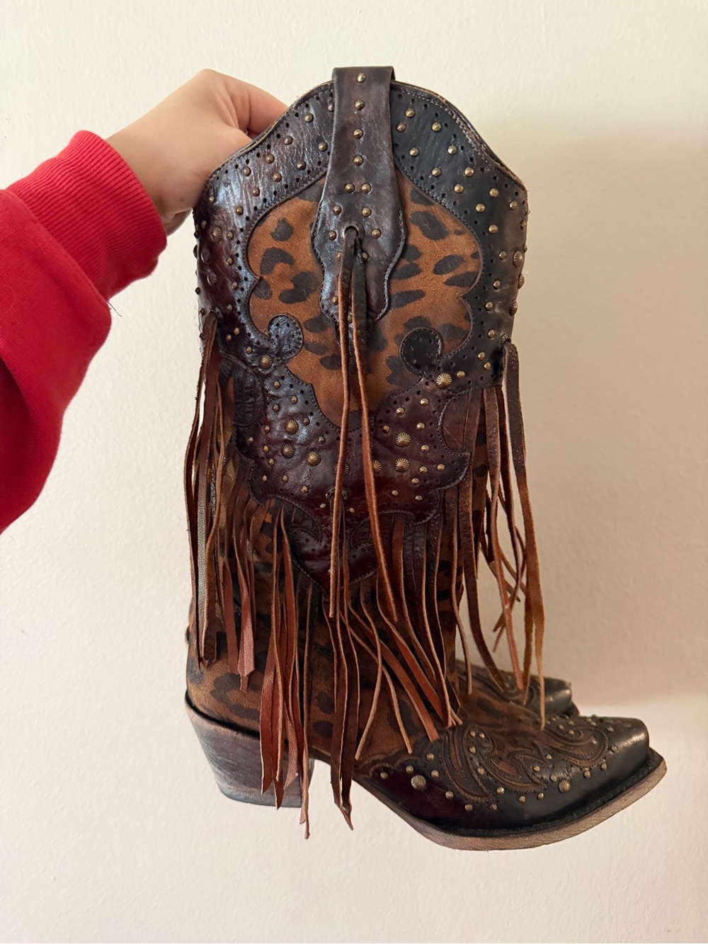 Corral Brown and Black Leopard Fringe Western Boots